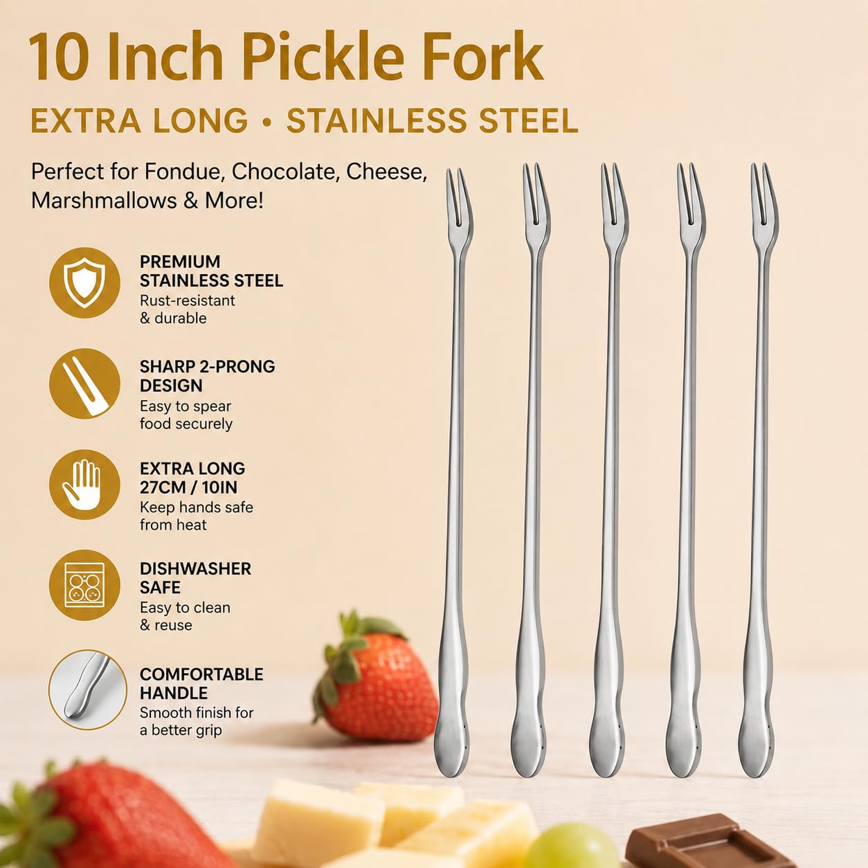 10 Inch Pickle Fork Set of 5, Stainless Steel Long Handle Pickle Grabber for Jars, Olive Forks, Cocktail Forks, 2-Prong Fruit Dessert Appetizer Forks — Amazon image 2