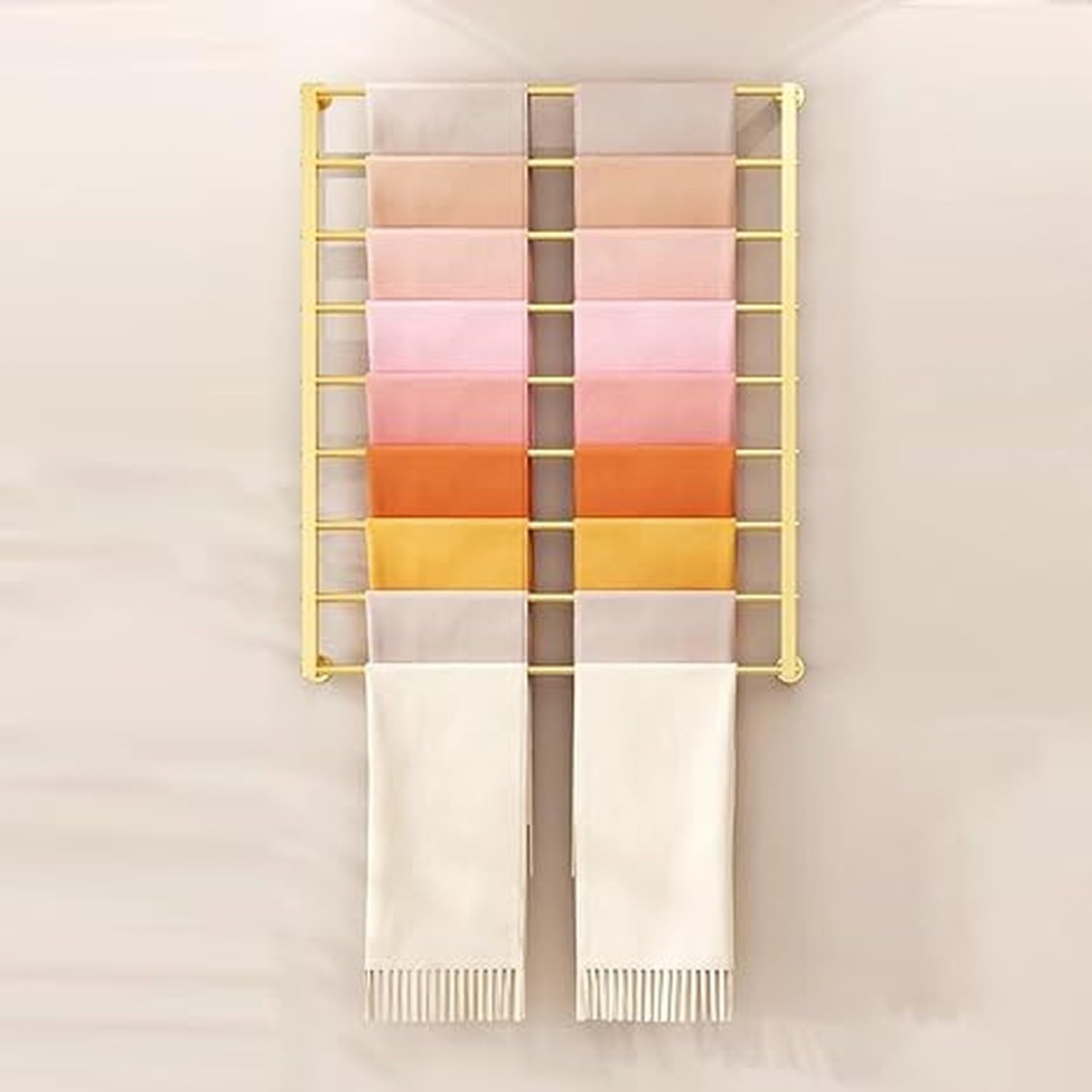 Schal Halter Wandmontage Schal Aufbewahrung Regal, 24"/47" Hoher Organizer mit Abnehmbarer Querstange, Wandhaken Kleiderstange für Tücher Krawatten Schals Seide, Gold, W100cm/39.4" x H120cm/47"