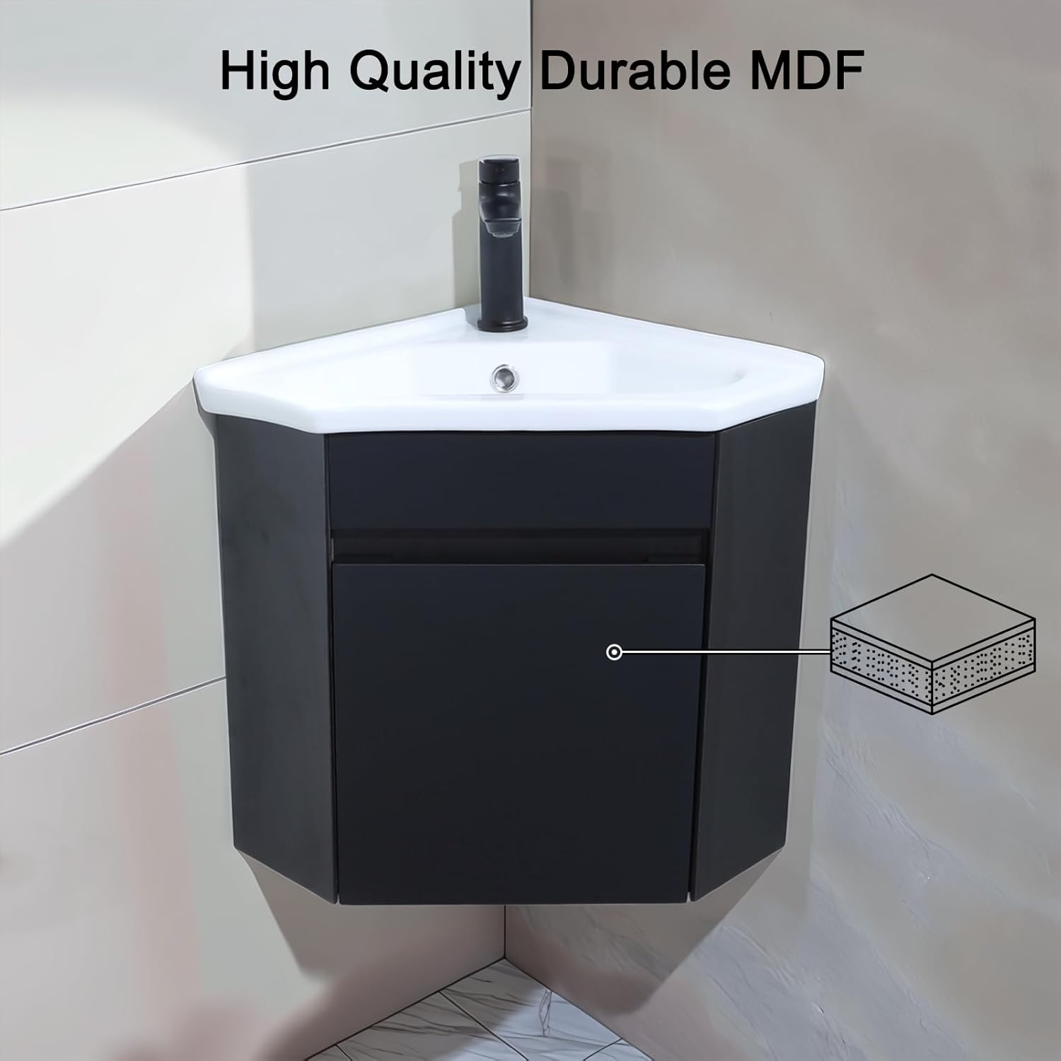16 Inch Black Floating Corner Bathroom Vanity with Sink, Small Wall-Mounted Cabinet for Small Spaces, Featuring 1 Soft-Close Door