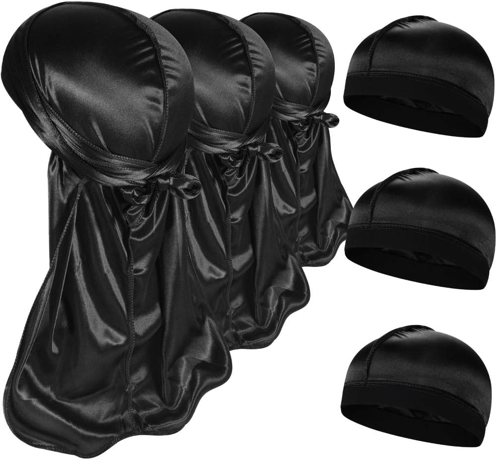 3+3 Silky Durag & Wave Cap Sets, Silk Durags for Men Women Waves, Satin Do Rags for Men Compression Cap, Du rag Doo Rags for Men Pack, E