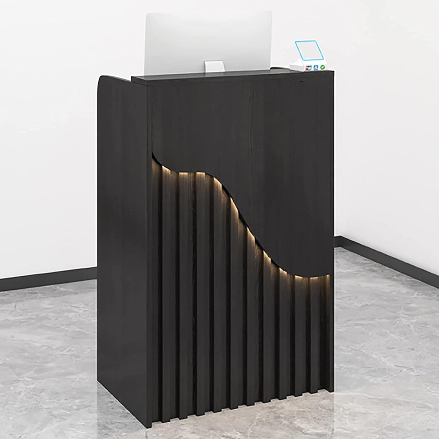 Small Reception Desk,Creative Grille Wood L-Shap Cashier Cabinet,Front Desk Reception Counter with LED Lights,Modern Retail Counter with Drawers,Portable Podium Stand,for Churches Lectern Classrooms