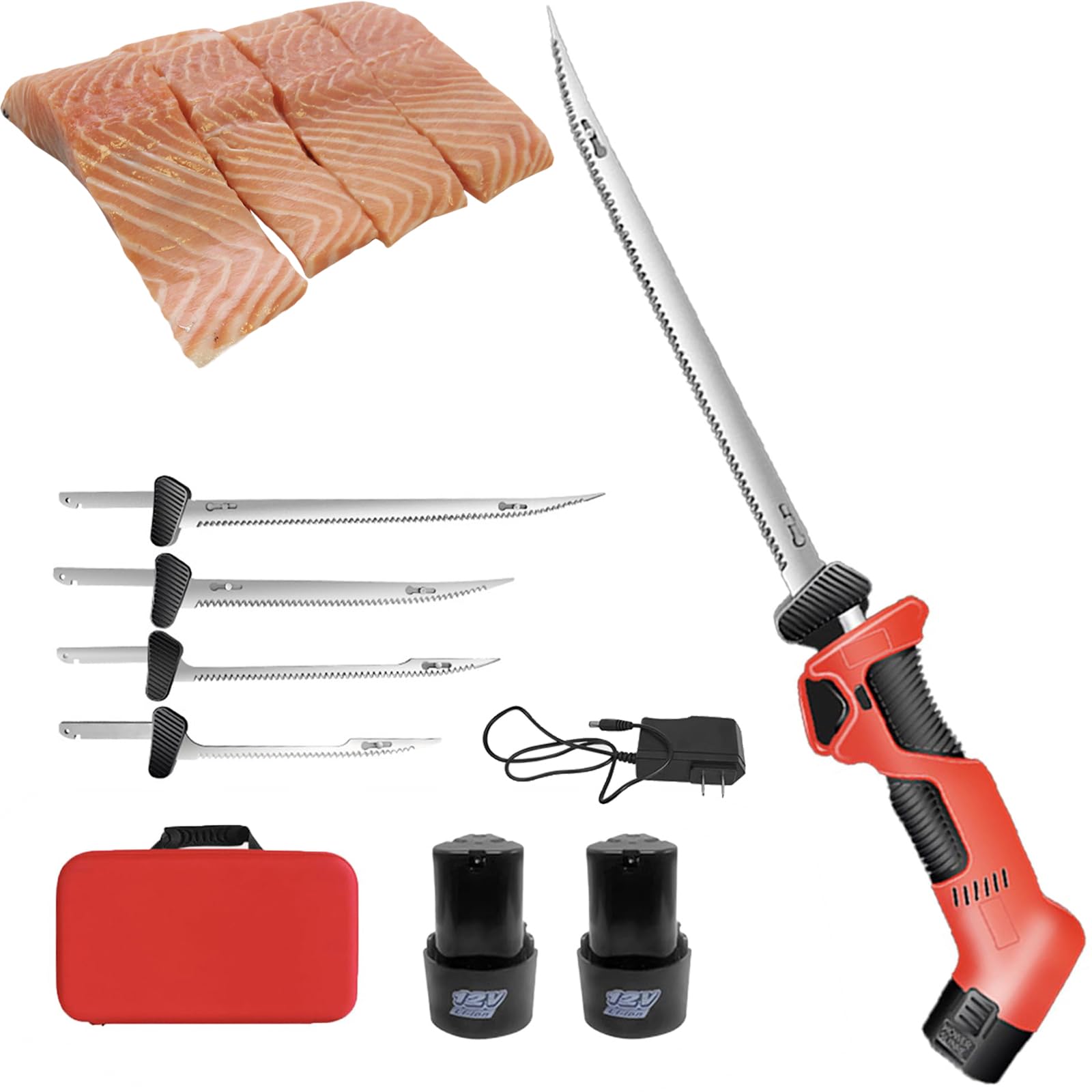 Cuchillo de Filete de Pescado eléctrico inalámbrico, Cuchillo de Filete eléctrico inalámbrico para Pescado/Pesca al Aire Libre, con 4 Cuchillas alternativas antiadherentes recubiertas de Acero
