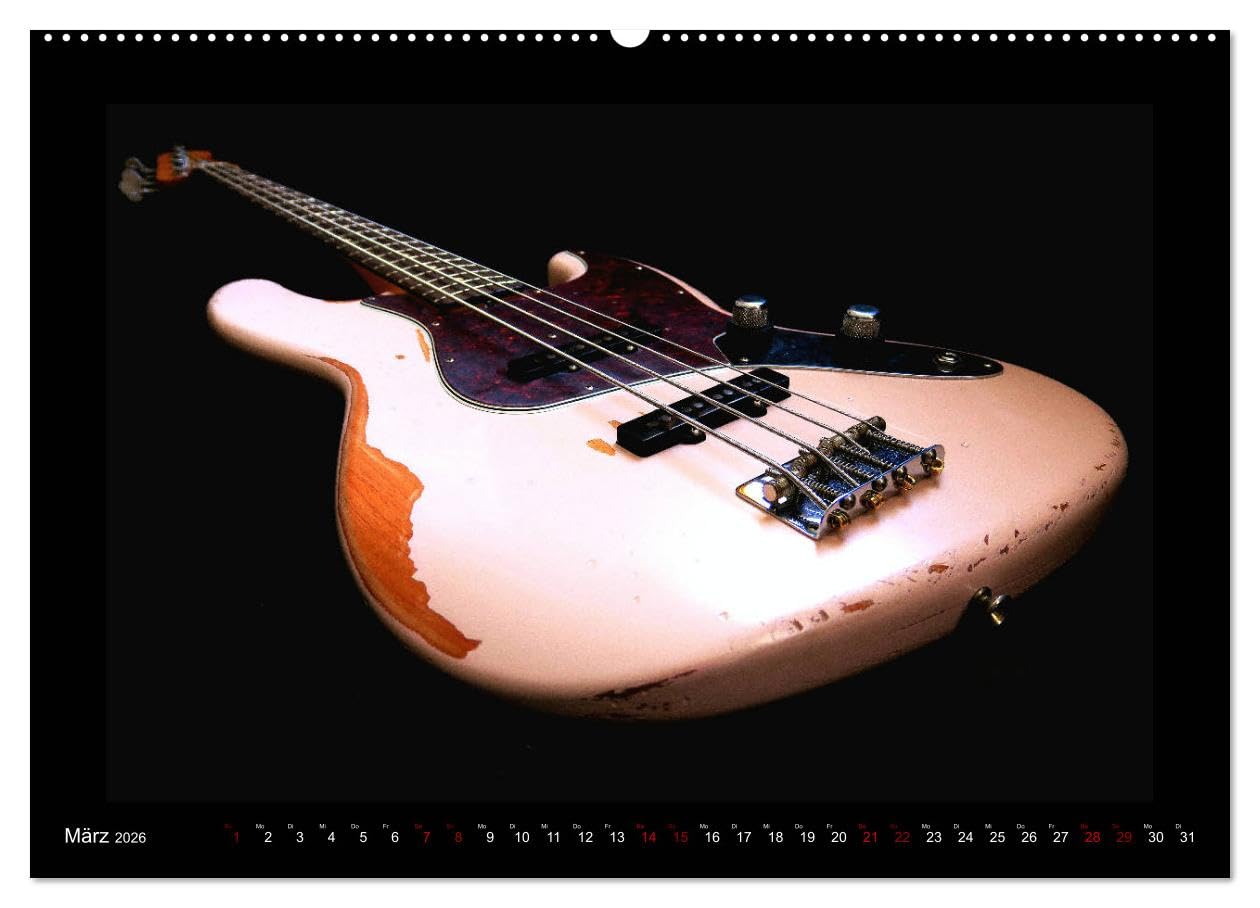 Rockgitarren im Blitzlicht (hochwertiger Premium Wandkalender 2026 DIN A2 quer), Kunstdruck in Hochglanz: Gitarrenschönheiten auf schwarzem Hintergrund eindrucksvoll in Szene gesetzt (CALVENDO Kunst)