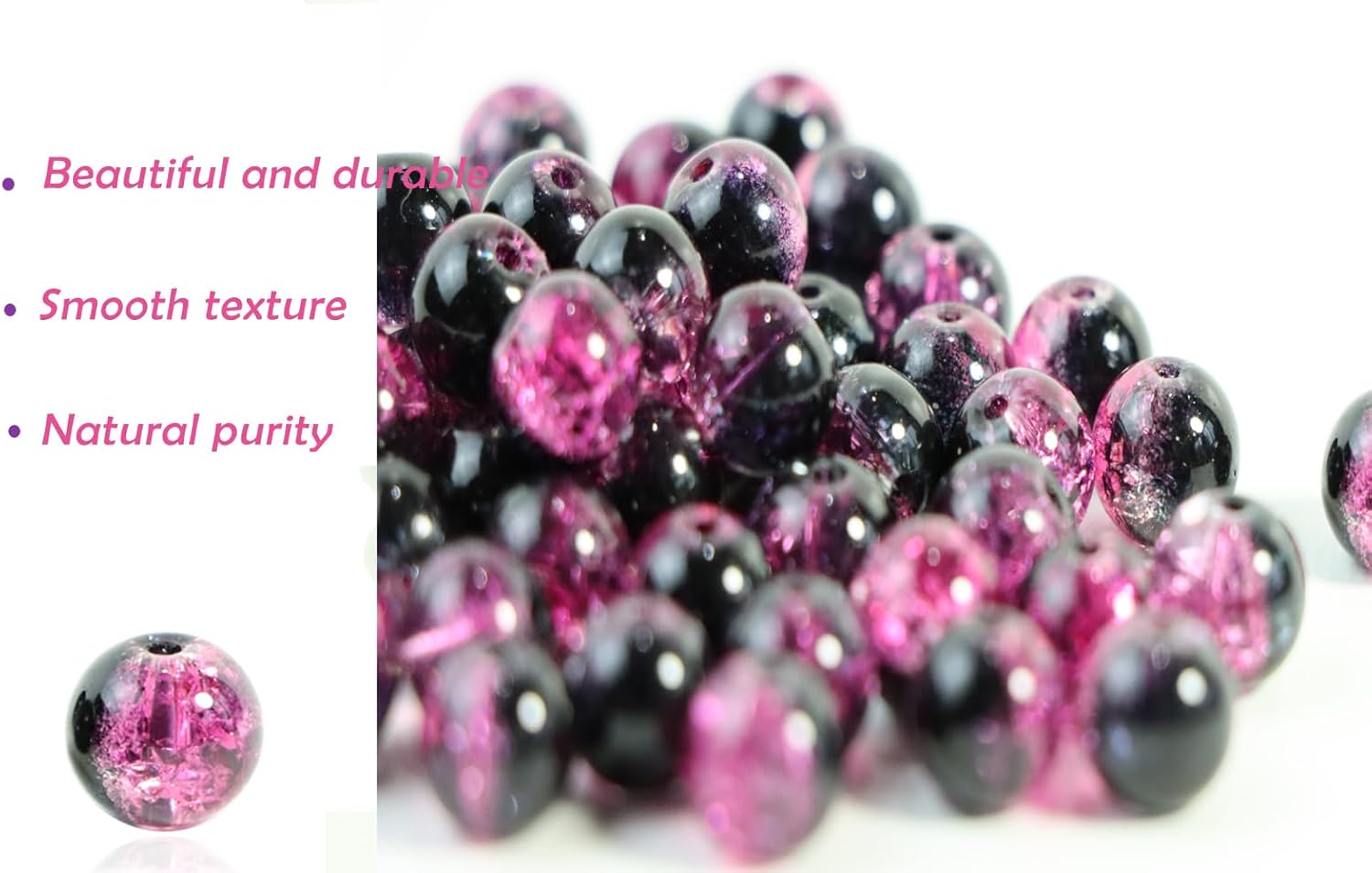 100Pcs 10mm Crackle Glass Beads for Jewelry Making - Round Spacer Crystal Beads Bulk, DIY Craft Supplies for Necklace Bracelet Earrings (Pink Black) - Image 2
