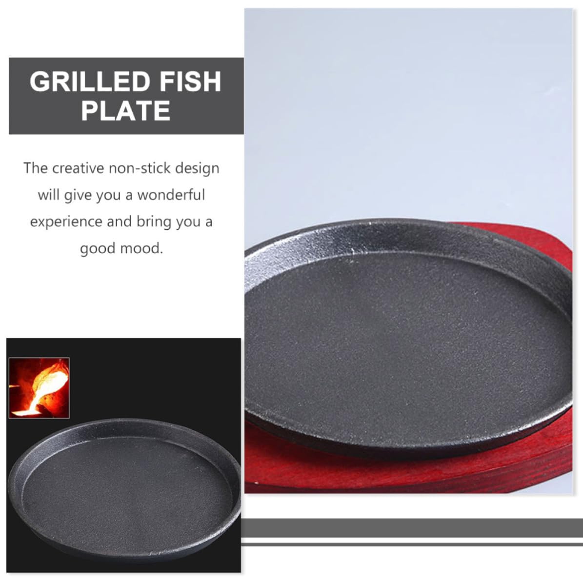 Assiette à Steak en Fer Épais Ronde 1 Set avec Base en Bois | Plat de Service Usage Maison Couleur Aléatoire Conserve la Chaleur Finition Antiadhésive pour Restaurant
