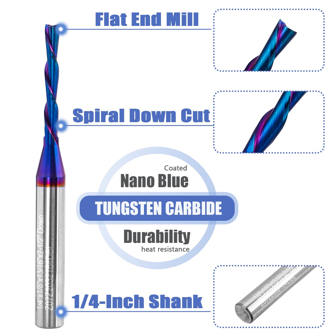 Mesee Dowcut Spiral Router Bit 2 Flute CNC End Mill 1/4 Inch Shank Flat Nose End Mill Bit Nano Blue Coating Carbide CNC Router Bit 13/16" Cutting Length Wood Carving End Milling Tool, 1/8" Cutting Dia