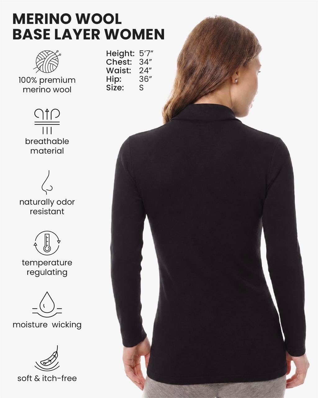 Couche de Base 100% Laine Mérinos pour Femme - Haut Thermique à Col Roulé et Manches Longues, Poids Moyen avec Chaussettes