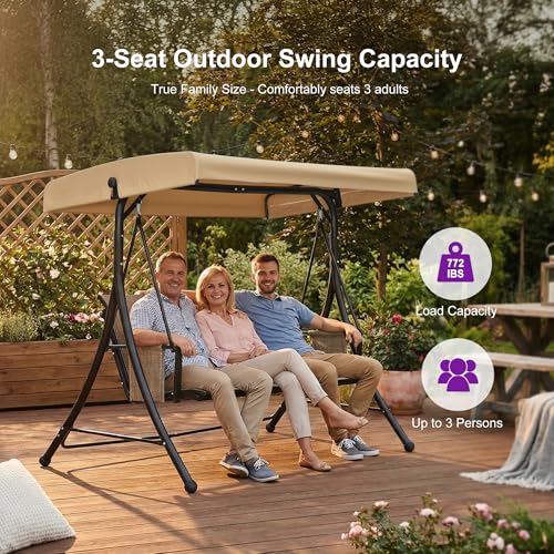 Image of PURPLE LEAF 3-Seat Porch Swing with Stand and Adjustable Canopy, Khaki | Rust-proof metal frame; breathable Textilene mesh; spacious 3-seat capacity; side storage pockets; backyard relaxation.
