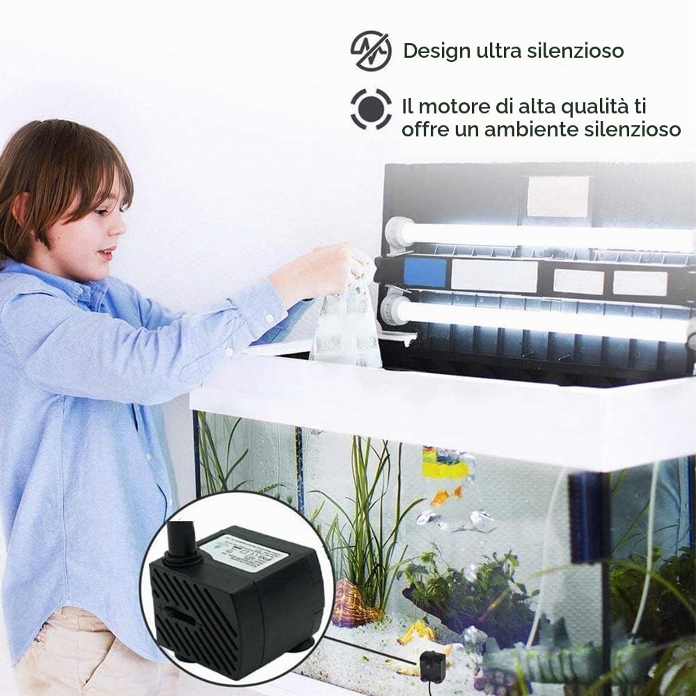 Micro pompa ultra-silenziosa 48GPH [180L / H] piccolo acquario da 3 W, pesce stagno anfibio, tartaruga, animali acquatici, scultura, artigianato, giardino, fontana da tavolo, pompa da acquario