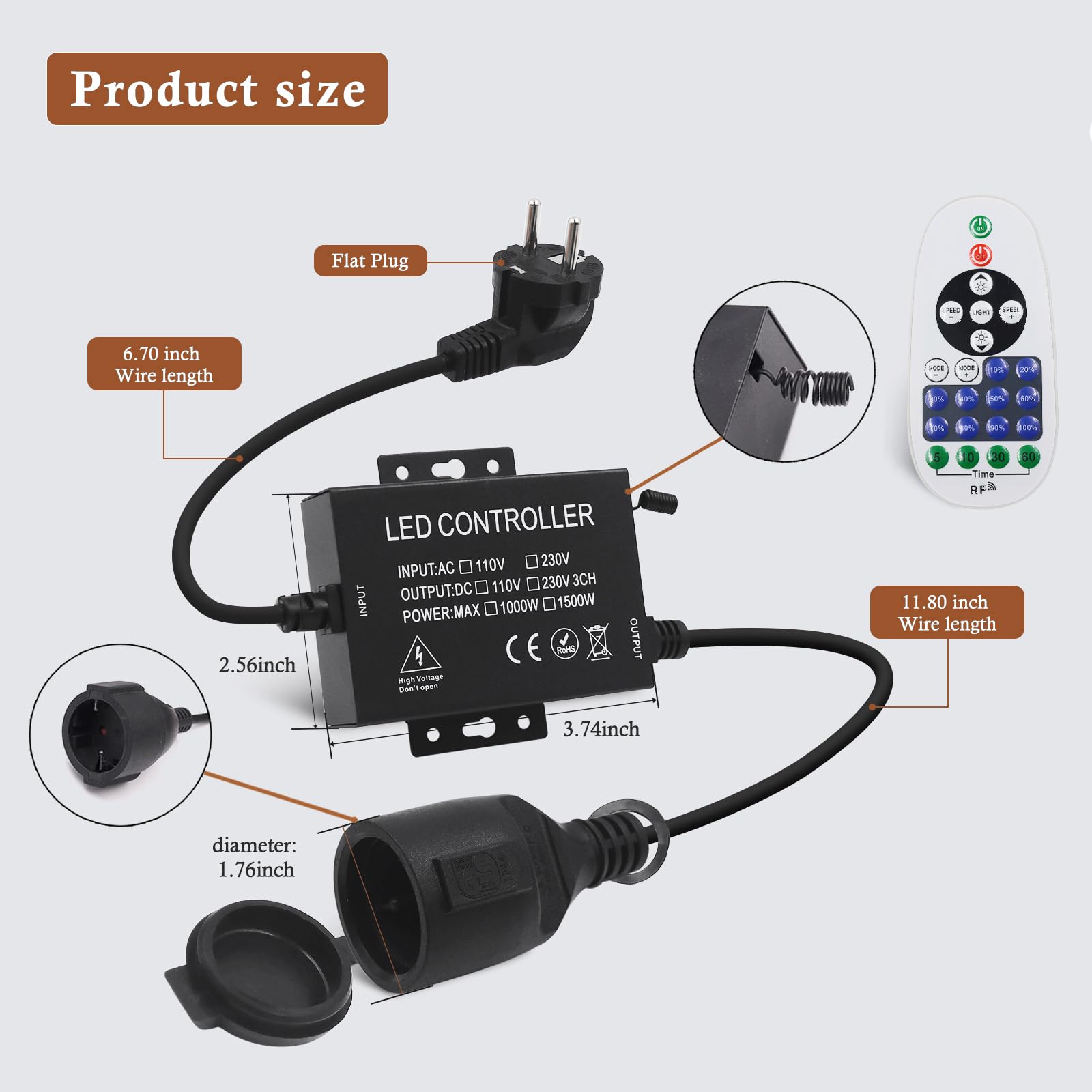 Regulador de tira de LED 1500W, AC 220V-240V Interruptor enchufable para bombillas de interior, regulador temporizado, para todas las tiras de luces regulables