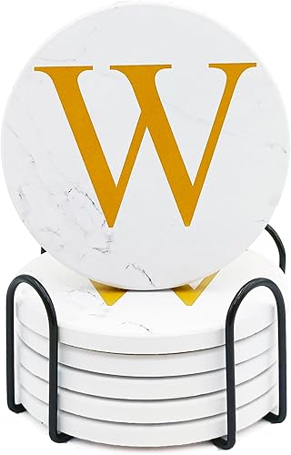 Posavasos con monograma para bebidas absorbentes para mesa de café con soporte, juego de 6 posavasos de cerámica con base de corcho, posavasos