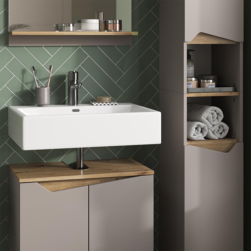 Vicco Combinación de Muebles de baño Marelle, Gris, 60 cm | compuesto por mueble bajo lavabo, espejo con armario y columna de baño