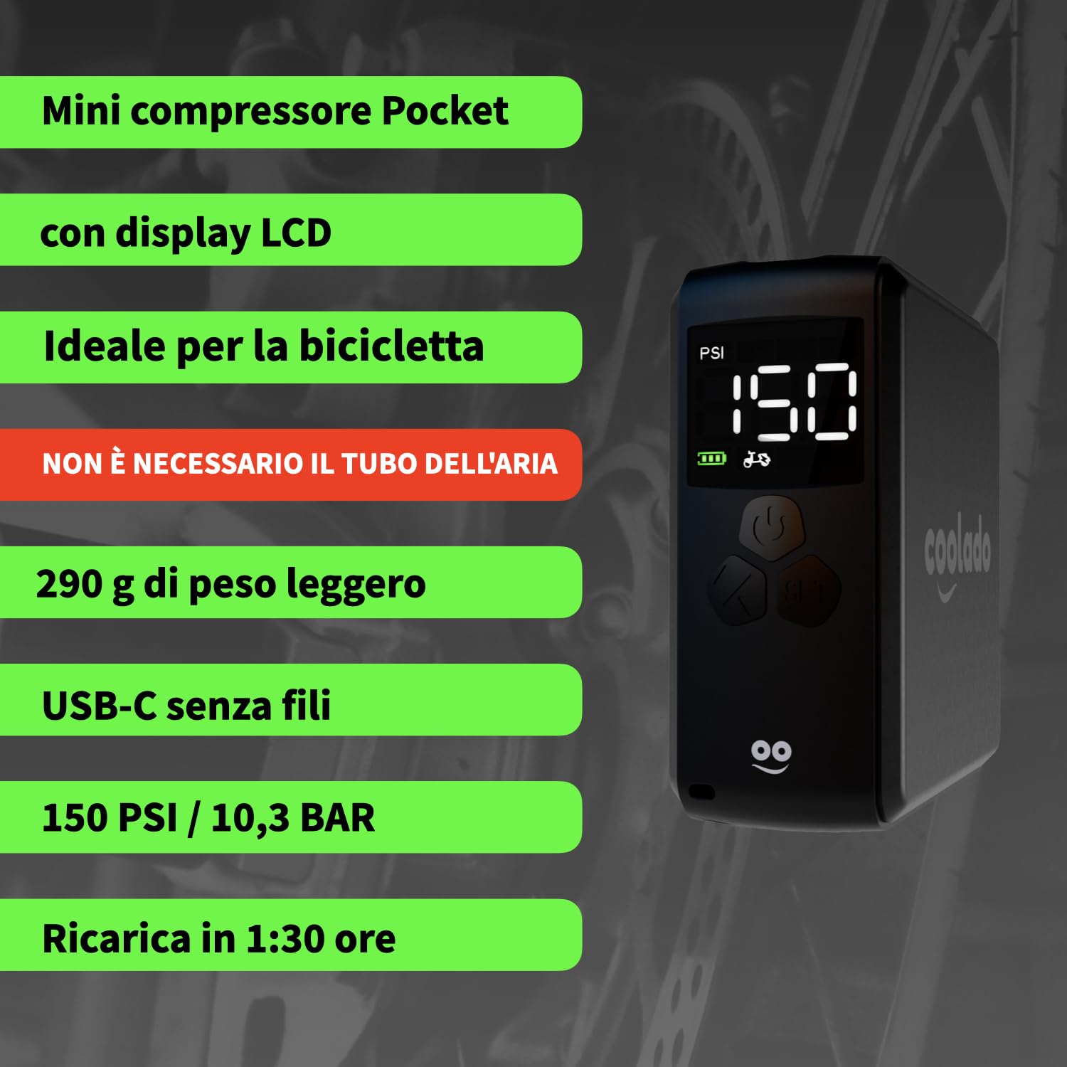 Mini Compressore Senza Fili TPump XS - Pompa Per Bici, Auto, Moto Con Manometro, Collegamento Diretto