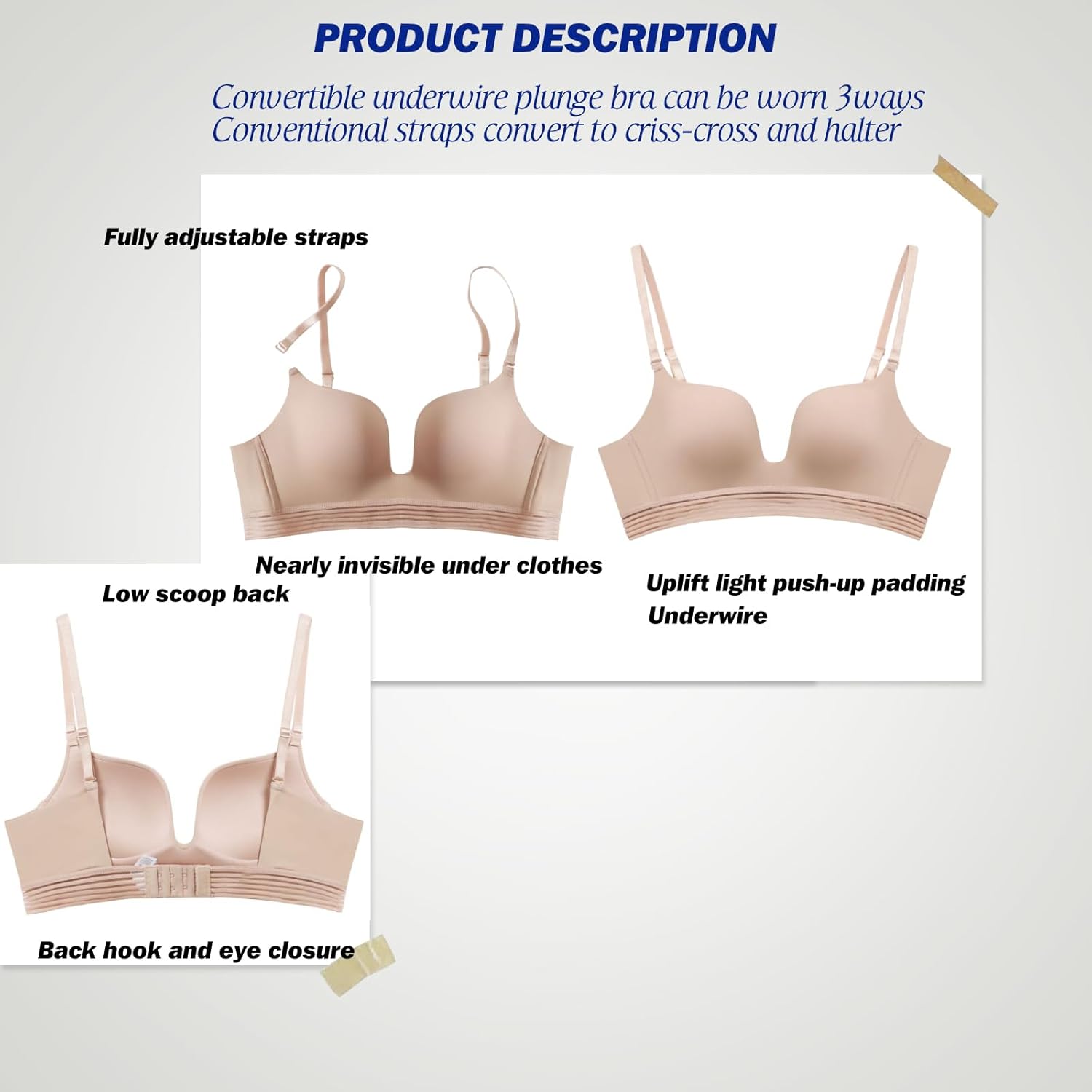 Deep U Plunge Bra Low Back Bra for Women Strap Convertible Criss Cross Low Cut Push Up Bra - Image 6