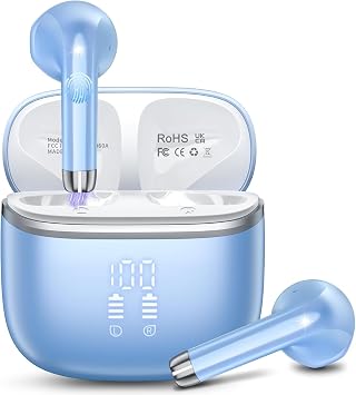 Wireless Bluetooth Earbuds Noise Cancelling in Ear Buds Deep Bass Stereo, 50H Playtime with Mics, LED Display, IPX7 Waterproof Earphones for iPhone Android Laptop, Blue
