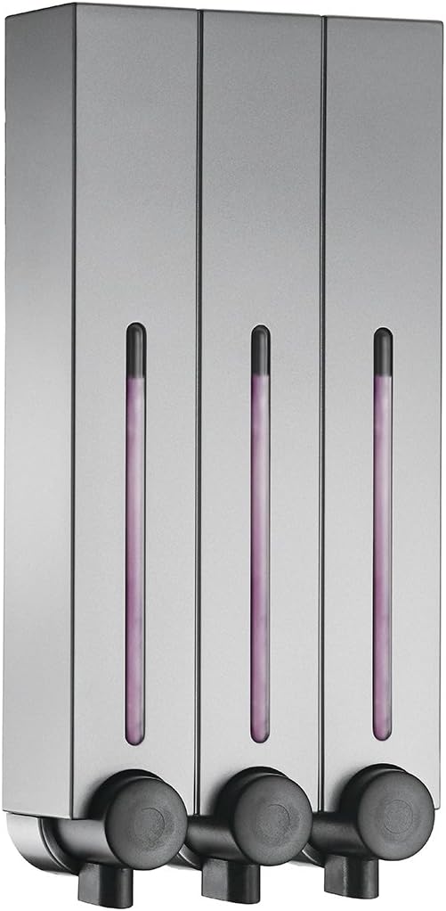 HOMEPLUZ Square Refillable Wall-Mount Shampoo and Conditioner Dispenser - Shampoo Pump for Shower Wall - ABS Plastic (Gunmetal 3 Chambers)