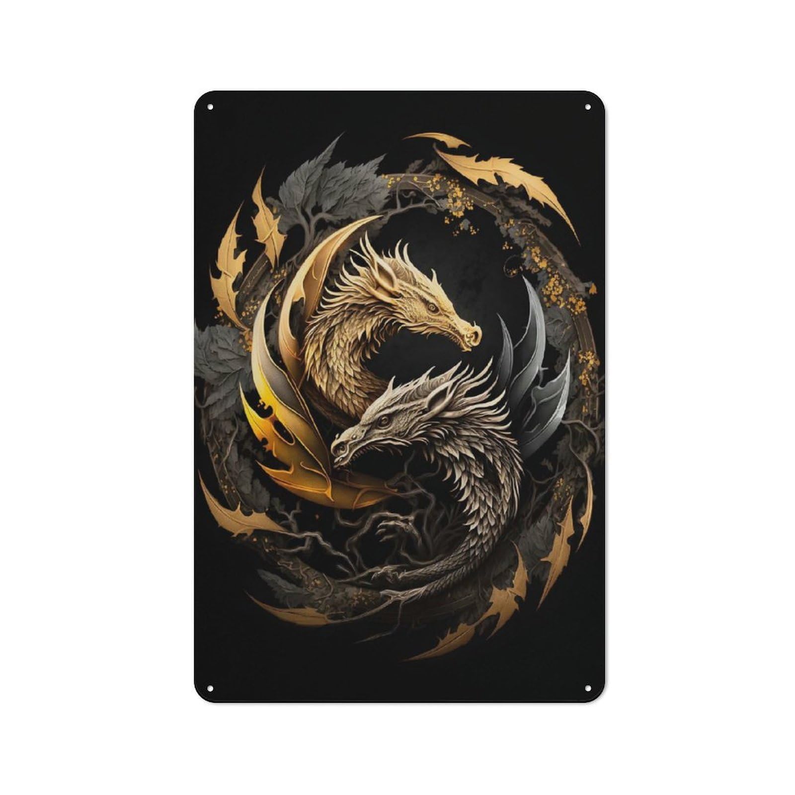 Junmoney Style-16 Silver Gold Dragon Tin Wall Plaque 30X20cm, Rustic Cottage Wall Art For Dining Room, Cafe, Entryway Or Family Room