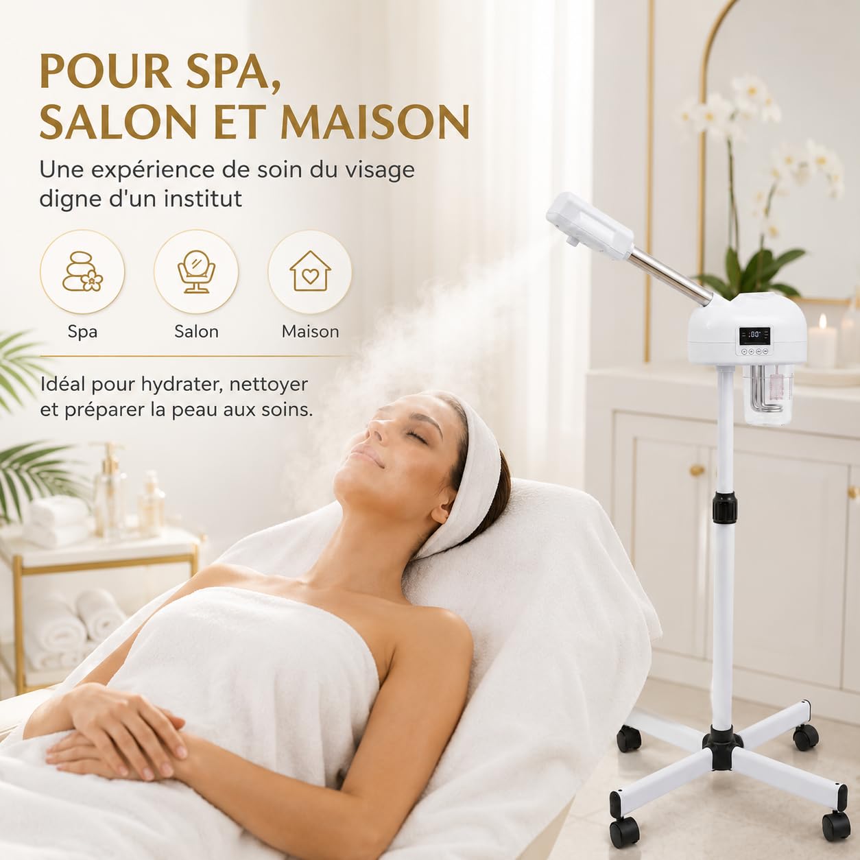 Vapozone Estetica Professionale su Piede Regolabile, Vaporizzatore Viso Ozono Caldo e Inalatore Vapore Ionico, Umidificatore Sauna Facciale per Spa, Soggiorno e Casa, Timer 20-30 Min, 750W