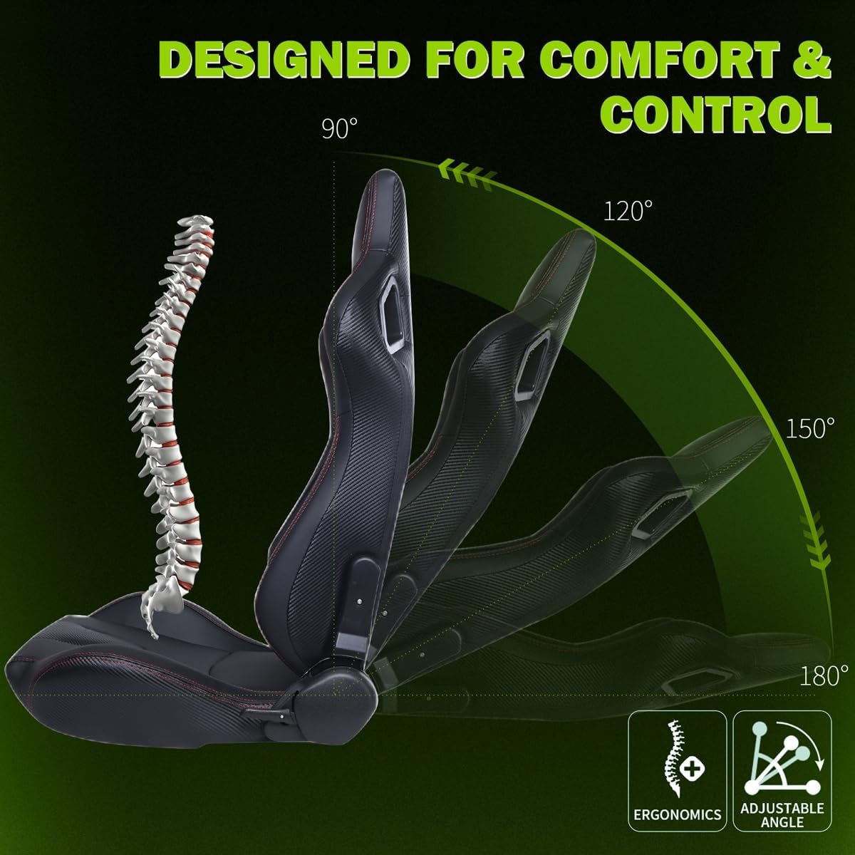 Universal Pairs of Racing Seat with Dual Sliders, PU Leather Front+Carbon Leather Back Reclinable Bucket Seat, Black+Red Stitch