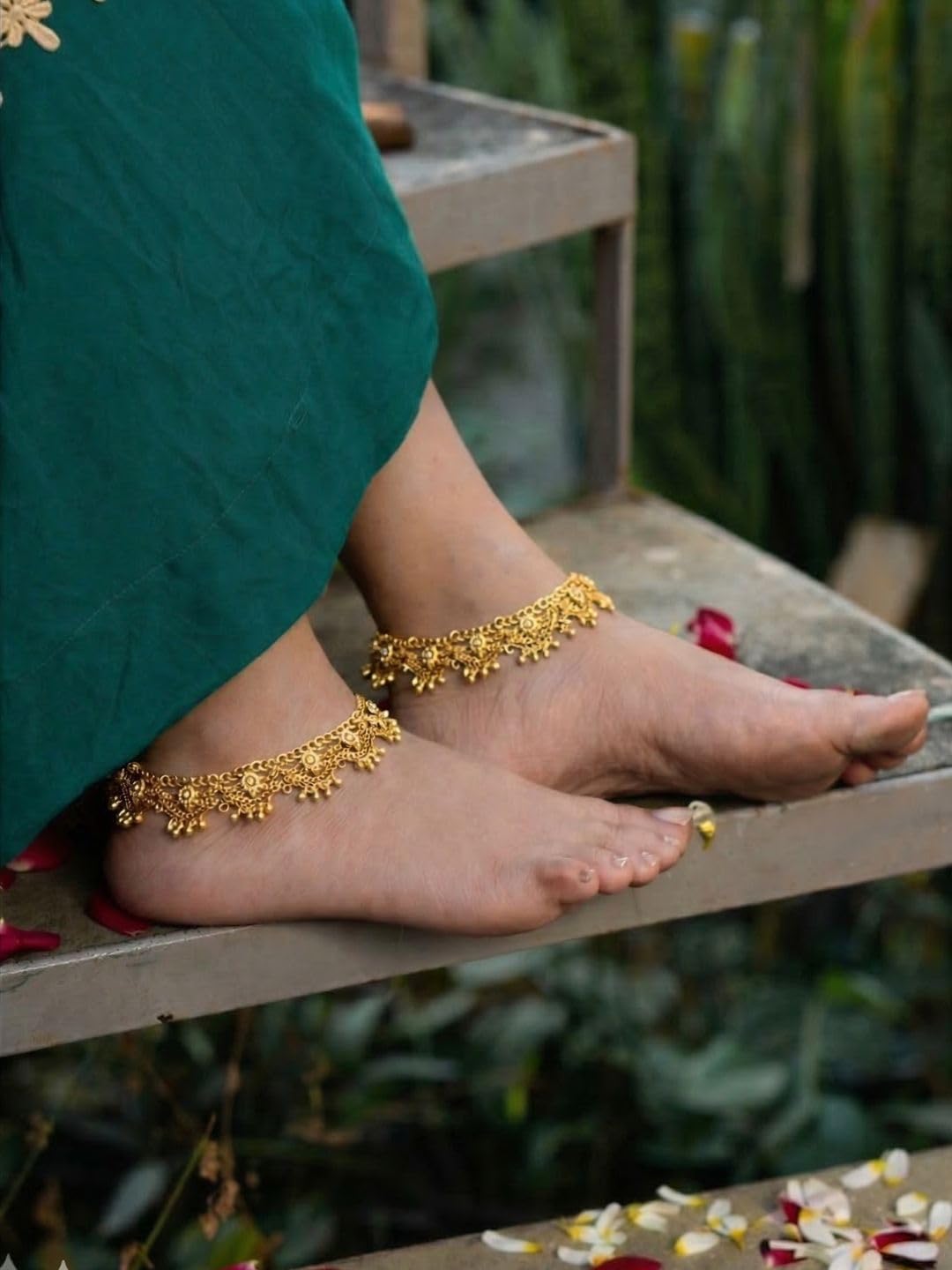Gold Anklets for Women | Designer Fancy Payal for Women | Gold Plated Brass Anklets | S Hook Closure-image-4