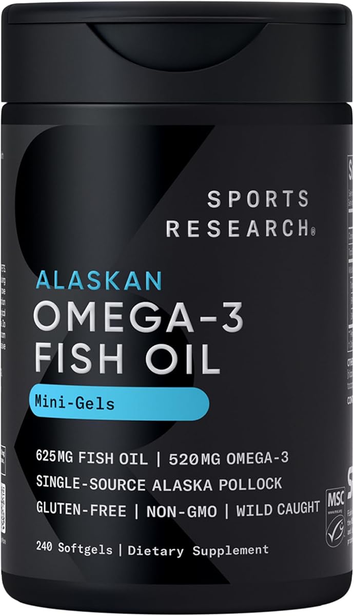 Sports Research® Minis de aceite de pescado Omega-3 de abadejo salvaje de Alaska, 240 unidades | Minicápsula blanda fácil de tragar, siempre fresca, nunca a pescado, 345 mg de EPA y 130 mg de DHA por cápsula blanda, certificado MSC sostenible, sin OGM