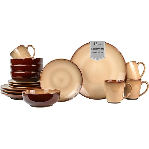 Sango 16-Piece Stoneware Dinnerware Set for 4, Reactive Glaze on Earthy Brown Plates and Bowls Sets, Ceramic Dish Set, Glossy Dishes & Coffee Mugs for Daily Dining, Microwave & Dishwasher Safe, Nova