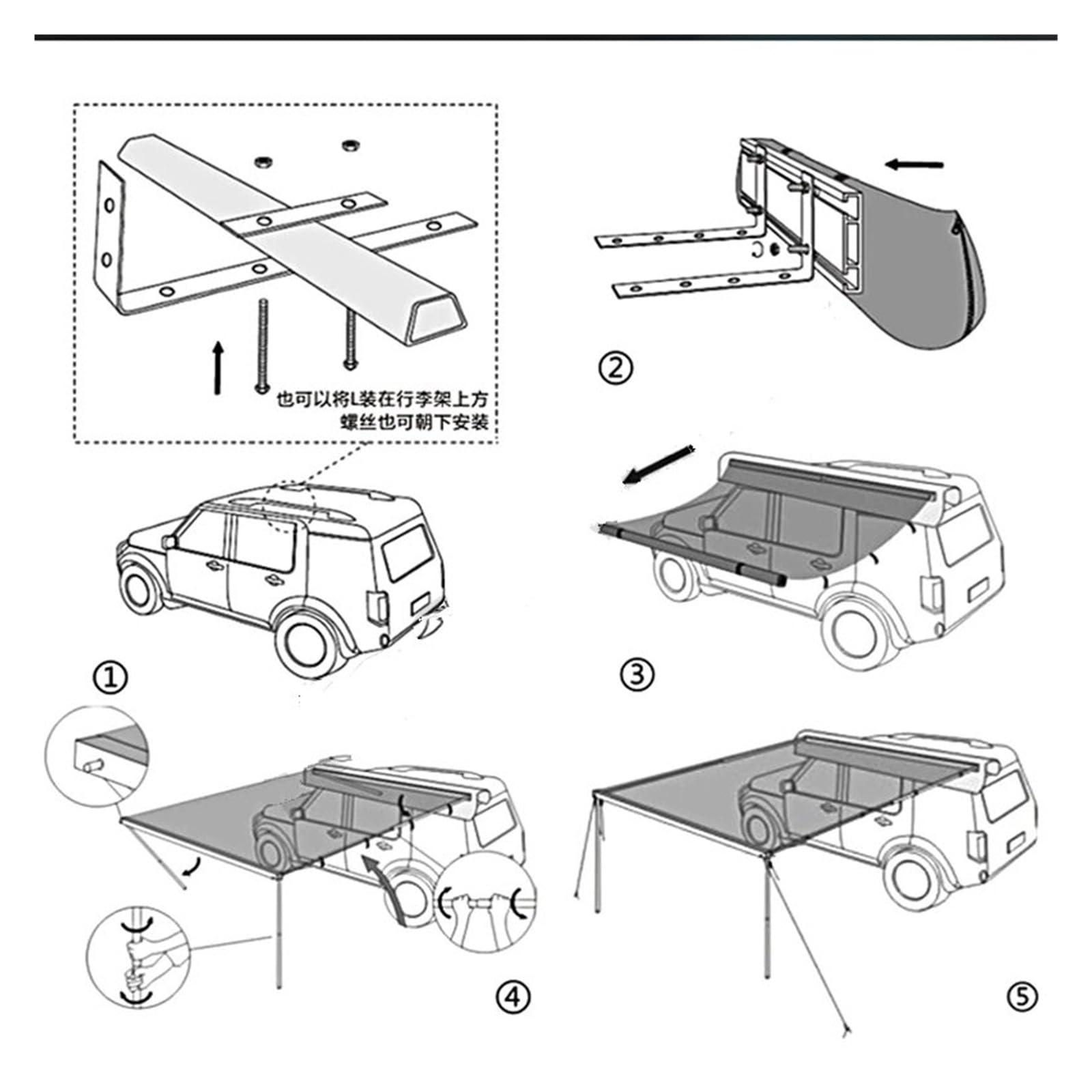 Dachgepäckträger Markisen-Montagehalterungen Dachträger Off-Road-Snap Feste Auto-Gepäck-Querstange Zelthalter Auto-Seitendach, Markise Sonnenschutz Dachträger (Farbe : Black 1set)