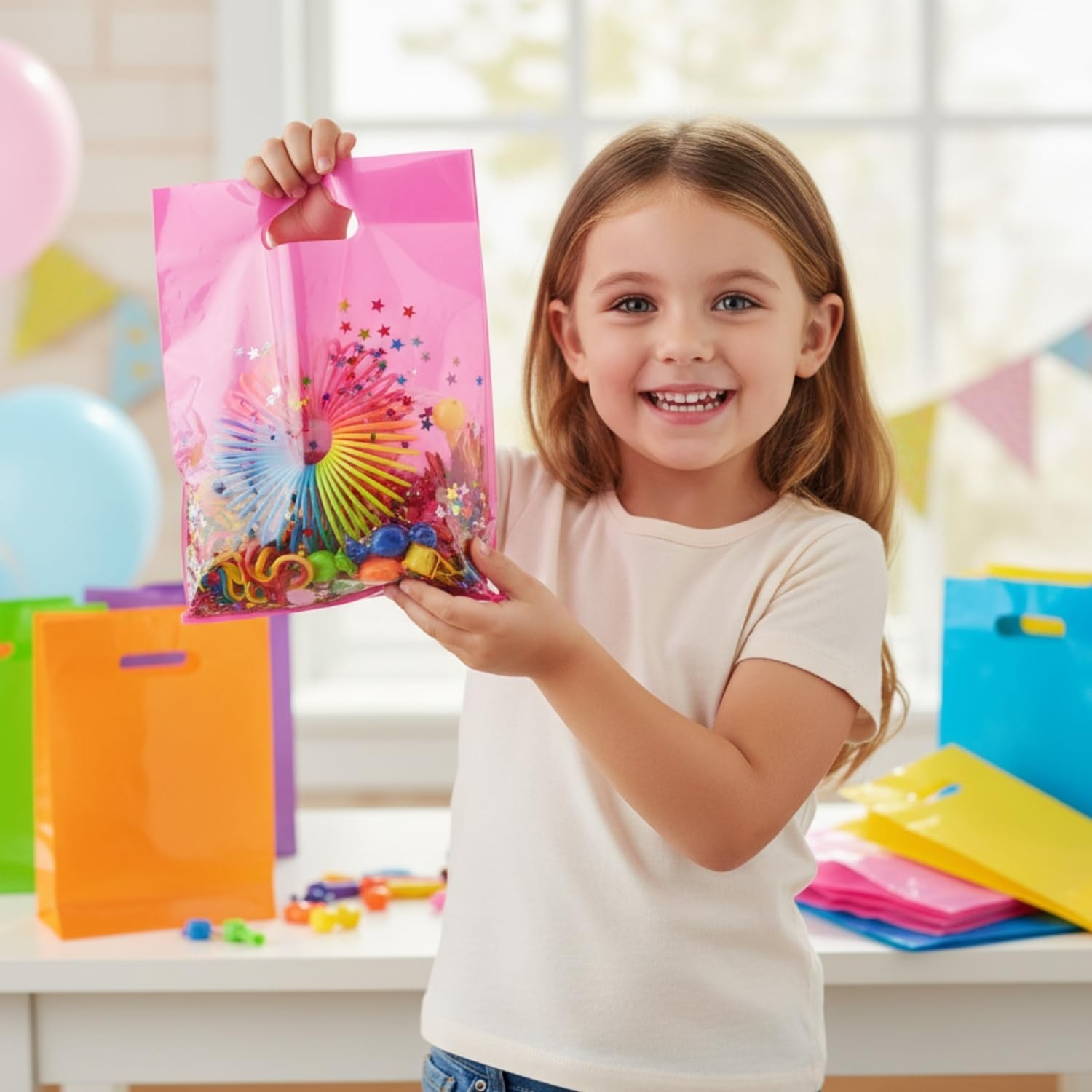 Fun Express Neon Plastic Gift and Goody Bags - Bulk set of 50-80's Party, Event and Party Supplies