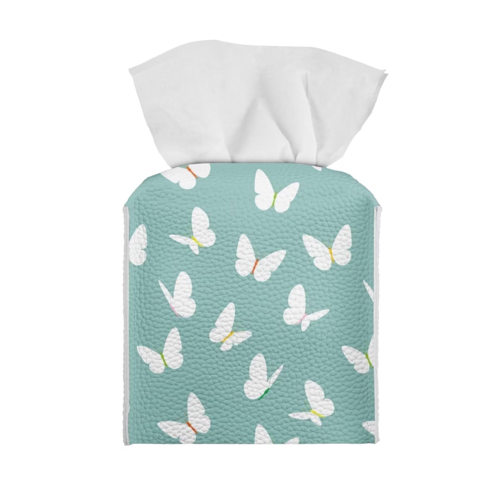 Tutolipy Butterfly Leather Tissue Box Cover Square โ Tissue Holder with Bottom Belt Aesthetic PU Leather Tissue Box Holder Decorative for Bathroom, Home Office Decoration Green โ image 1