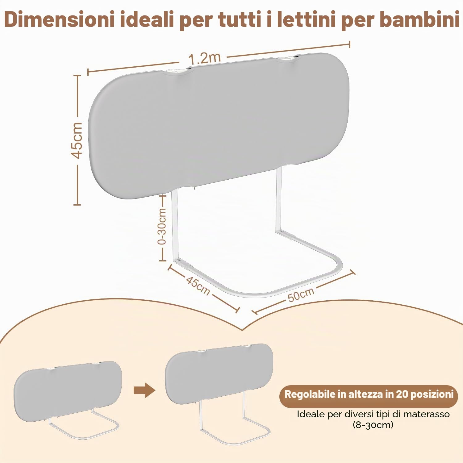 Griglia di protezione per letto, 120 cm, regolabile in altezza, per lettino, portatile, per viaggi, facile da montare