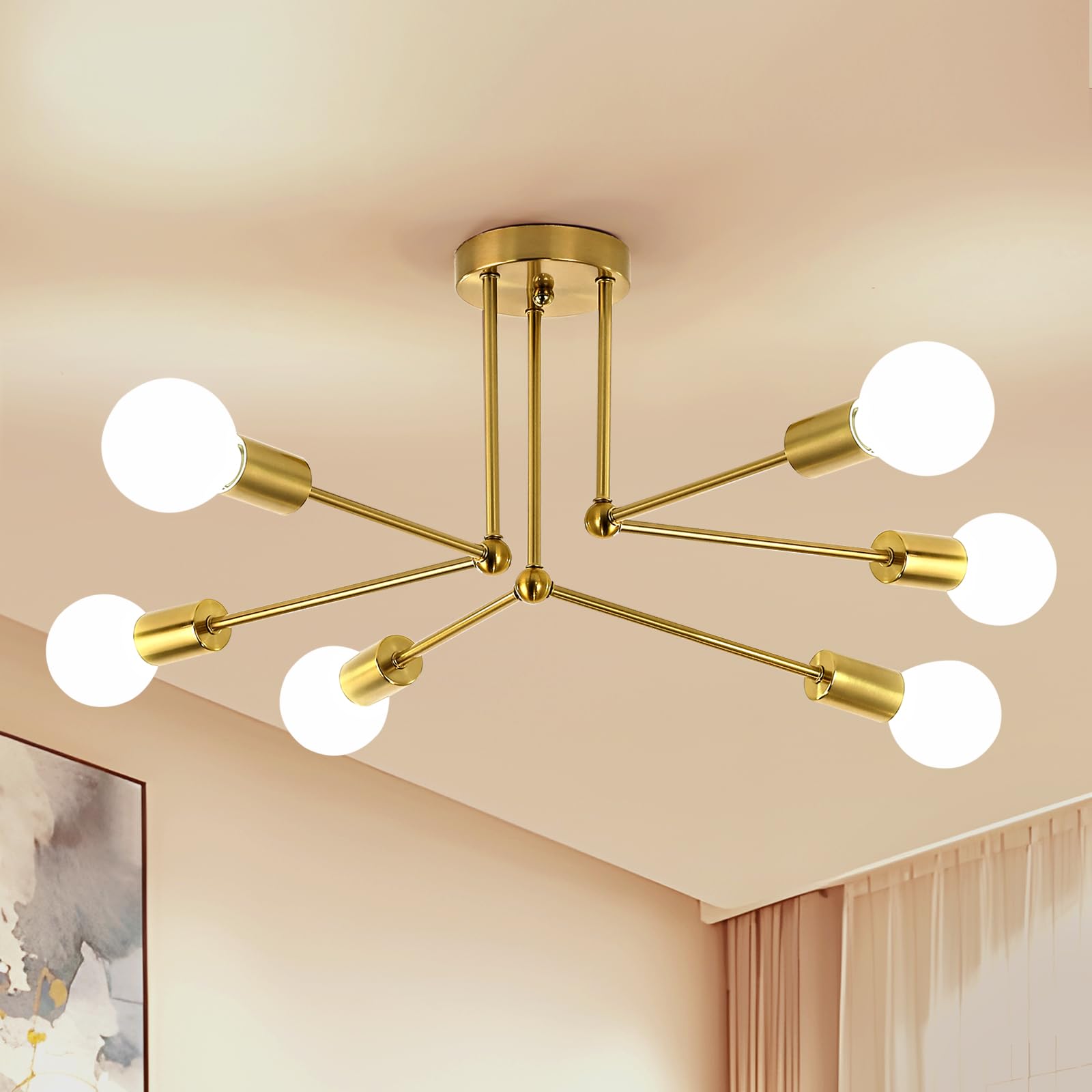 Lámpara de Techo Vintage, 70CM Lámparas Colgantes Retro, 6 Luces Lampara Sputnik Industrial Portalámparas E27, Luz de Techo Oro para Sala, Dormitorio, Cocina (No Incluidas Bombillas)