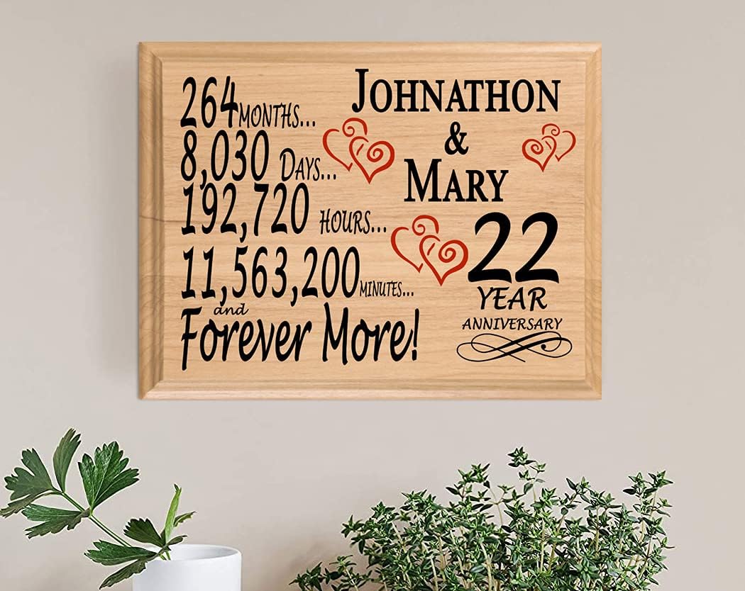 22nd Anniversary Sign Gift Personalized 22 Year Wedding Anniversary Present for Wife Husband Couple - Solid Wood - Made in the USA