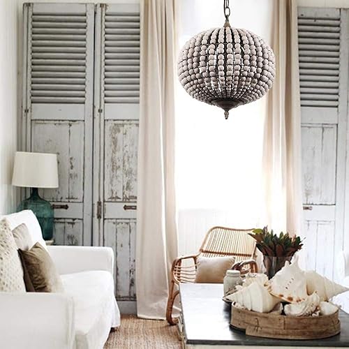 Miniatura 4 de Newrays Lámpara de araña con cuentas de madera, estilo bohemio, bohemio, playa, lámpara de techo (globo blanco grisáceo, 11.81 x 14.56 pulgadas)
