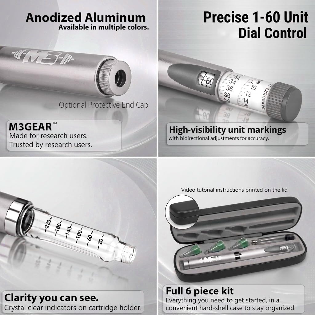 M3Gear Metal Reusable Peptide Pen Kit – 60-Unit Precision Dial, 3 mL Glass Cartridge, 3 Pen Tips & Hard Case – 6 Piece Kit (Silver) — Amazon image 4