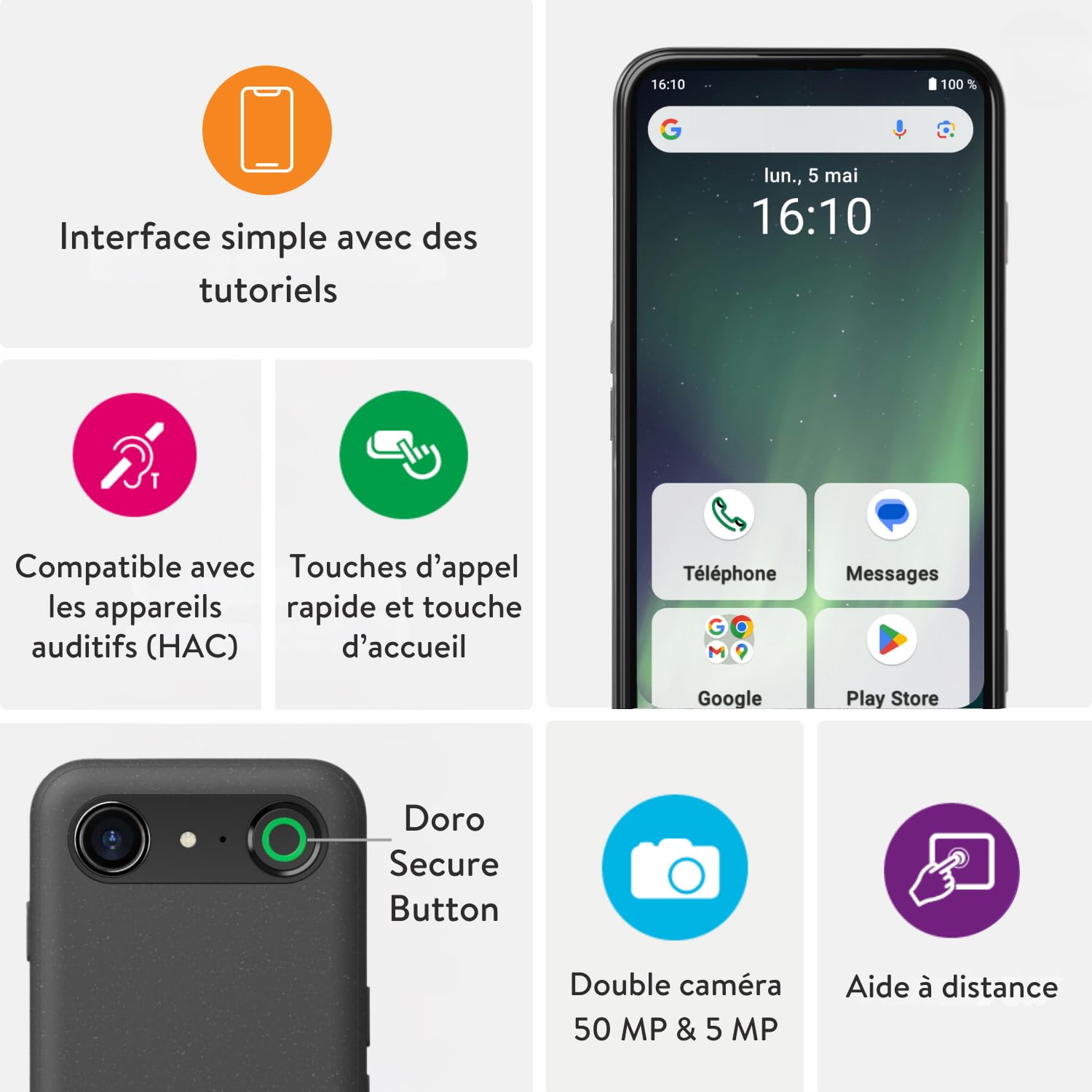Doro - Téléphone Aurora A30 - Téléphone Portable Senior - Facile à Utiliser - Touche d'Assistance avec Localisation GPS - Compatible Appareils Auditifs - Câble USB Inclus - Graphite