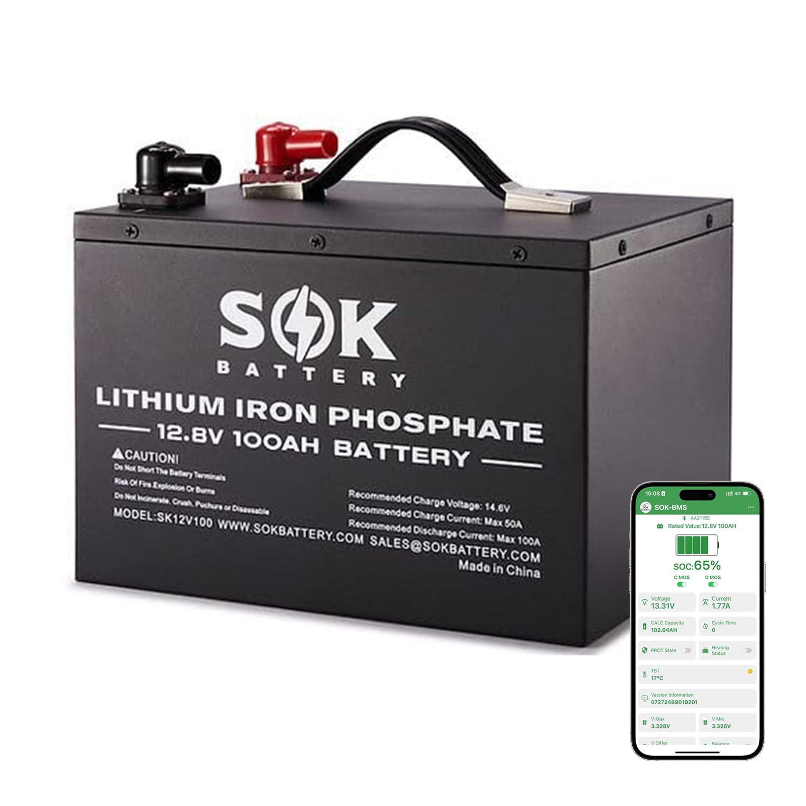 SOK Battery 12 Volt Lifepo4 Battery RV Lithium Battery, 8000+ Cycles & Support Bluetooth, Smart BMS for RV, Solar, Trailer, Trolling Motors (12V100Ah)