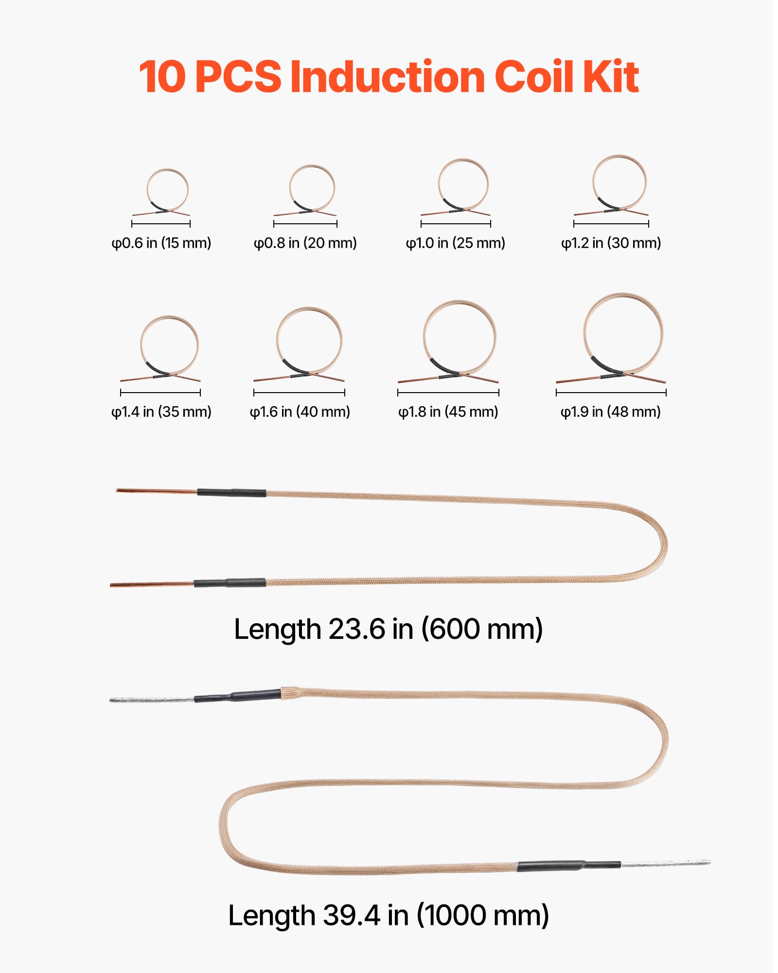 VEVOR Bobines de Chauffage par Induction Magnétique 10PCs, 8 Bobines avec 1 en U et 1 à Formage Libre, Accessoires de Chauffage à Induction pour Retirer les Boulons et Écrous Rouillés, Entretien