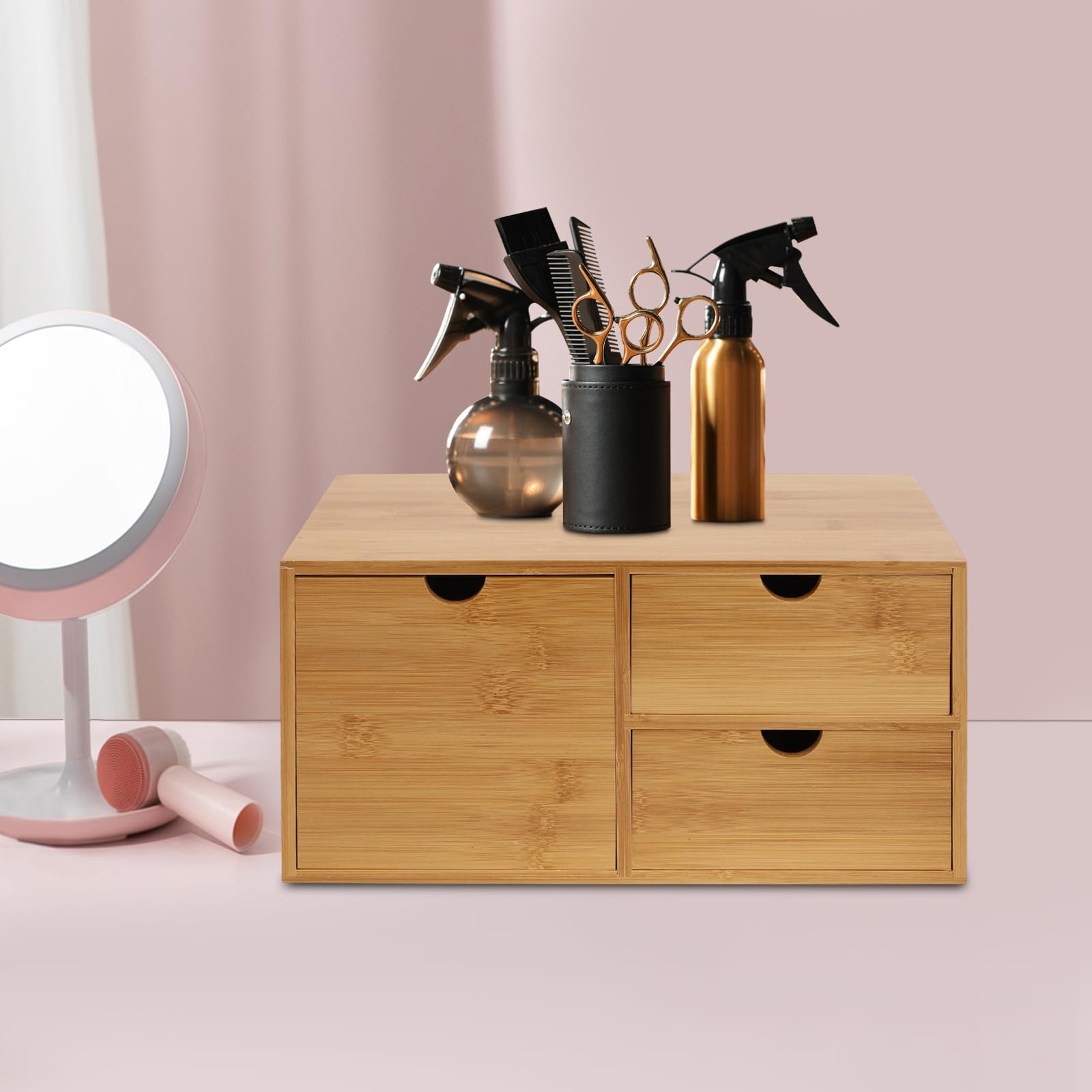 Organizador de escritorio de bambú con 3 cajones – Caja de almacenamiento multifuncional para oficina y hogar, organizador de escritorio natural con asas