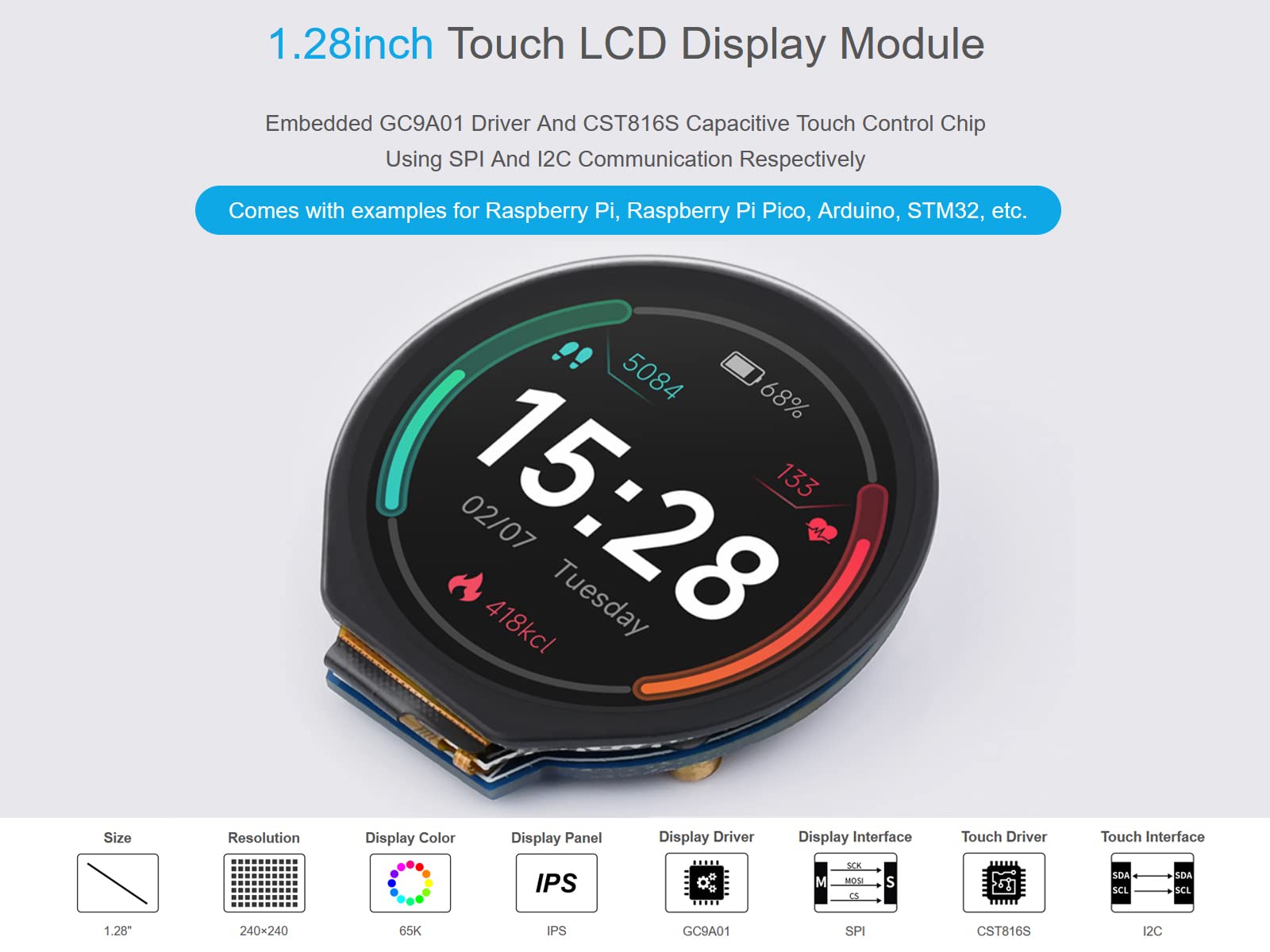 Pantalla Táctil Redonda De 1.28 Pulgadas Con Microcontrolador RP2040 - 240x240 Píxeles IPS, Sensor 6 Ejes, Conexión USB-C
