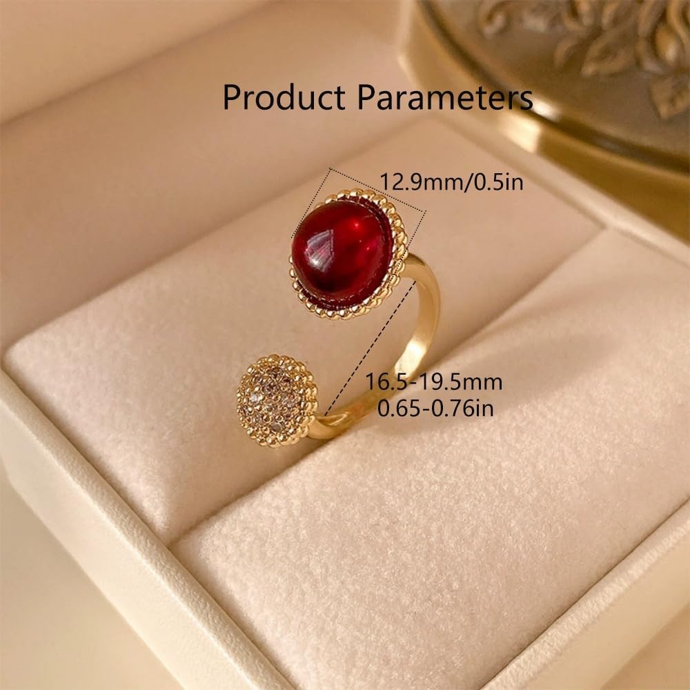 Dtja Round Red and Crystal Stone Statement Ring for Women Gold Plated Adjustable Expandable Retro CZ Open Wrap Finger Rings Comfort Fit Vintage Boho Wedding Christmas Anniversary Jewelry Gift - Image 6