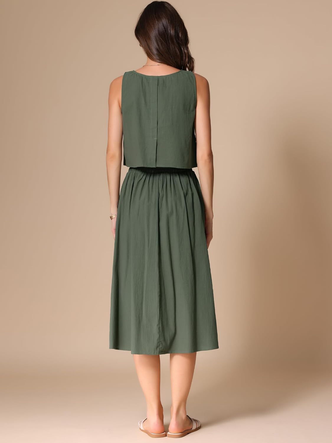 Allegra K Women Summer 2 Piece Outfits Round Neck Sleeveless Crop Top Dressy Casual Midi Skirt Suit Set - Image 4