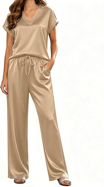 Womens Satin Pajama Set - Short Sleeve Top and long pants