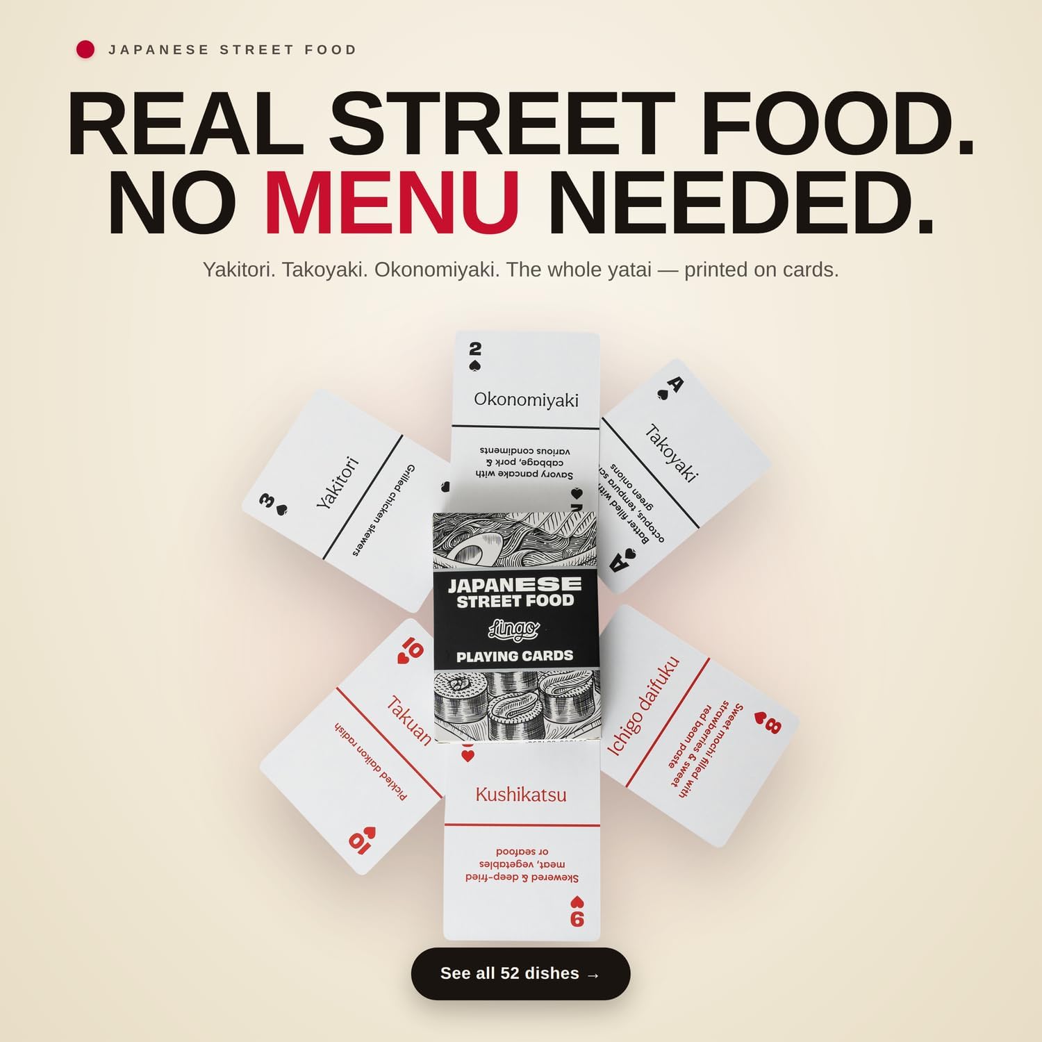 Lingo Japanese Street Food Playing Cards | Discover Japanese Cuisine, Food Vocabulary & Culinary Terms | Fun Card Game Gift for Foodies, Japan Travelers & Ramen Lovers | Foodie Gift for Adults