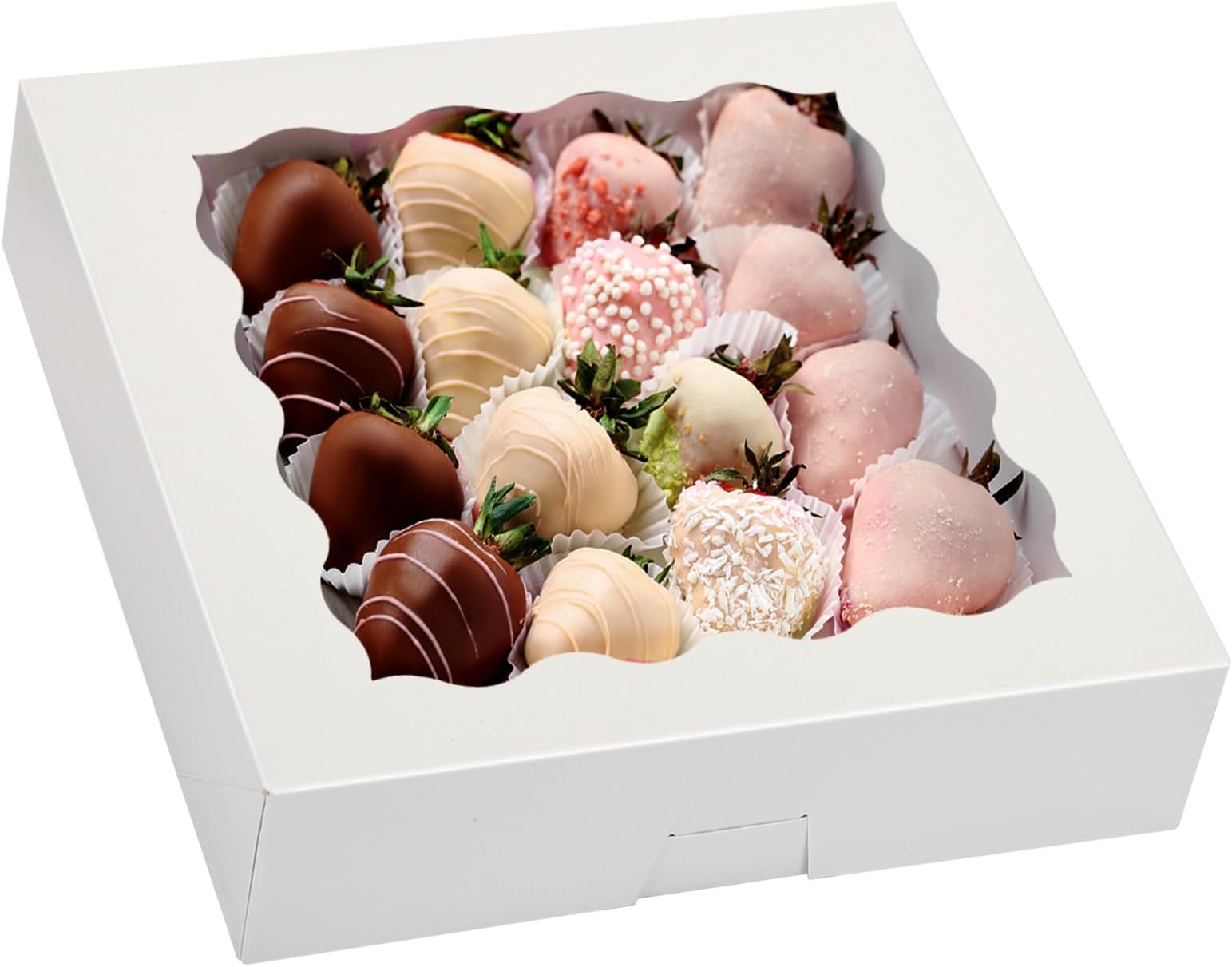 Moretoes 35pcs Bakery Boxes, 10x10x2.5 Inches Auto-Popup Cookie Boxes with Window for Pie, Cookie Cake, Father's Day, Treats, Pastries, Chocolate Covered Strawberries