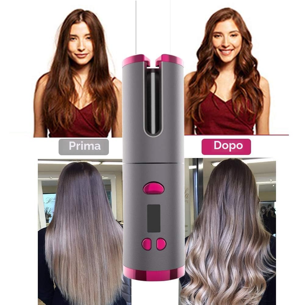 EMEBAY Ferro Arricciacapelli Automatico Senza Fili con Batteria Ricaricabile 4000mAh, Bigodino Anti-Ustioni con Timer, 6 Temperature Regolabili per Capelli Lunghi e Corti, Display LCD, Portatile