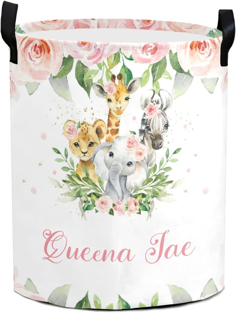 Jungle Animal Safari Pink Floral Storage Bin, Waterproof Oxford Fabric Clothes Basket Organizer for Laundry Hamper,Toy Bins,Gift Baskets, Bedroom, Clothes,Baby Nursery