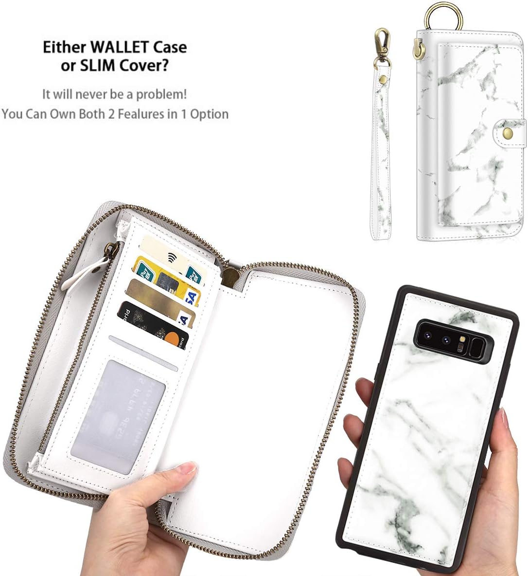Petocase Compatible Galaxy Note 8 Wallet Case, Multi-Functional PU Leather Zip Wristlets Clutch Detachable Magnetic 13 Card Slots 4 Cash Purse Protection Cover for Samsung Galaxy Note 8 White Marble
