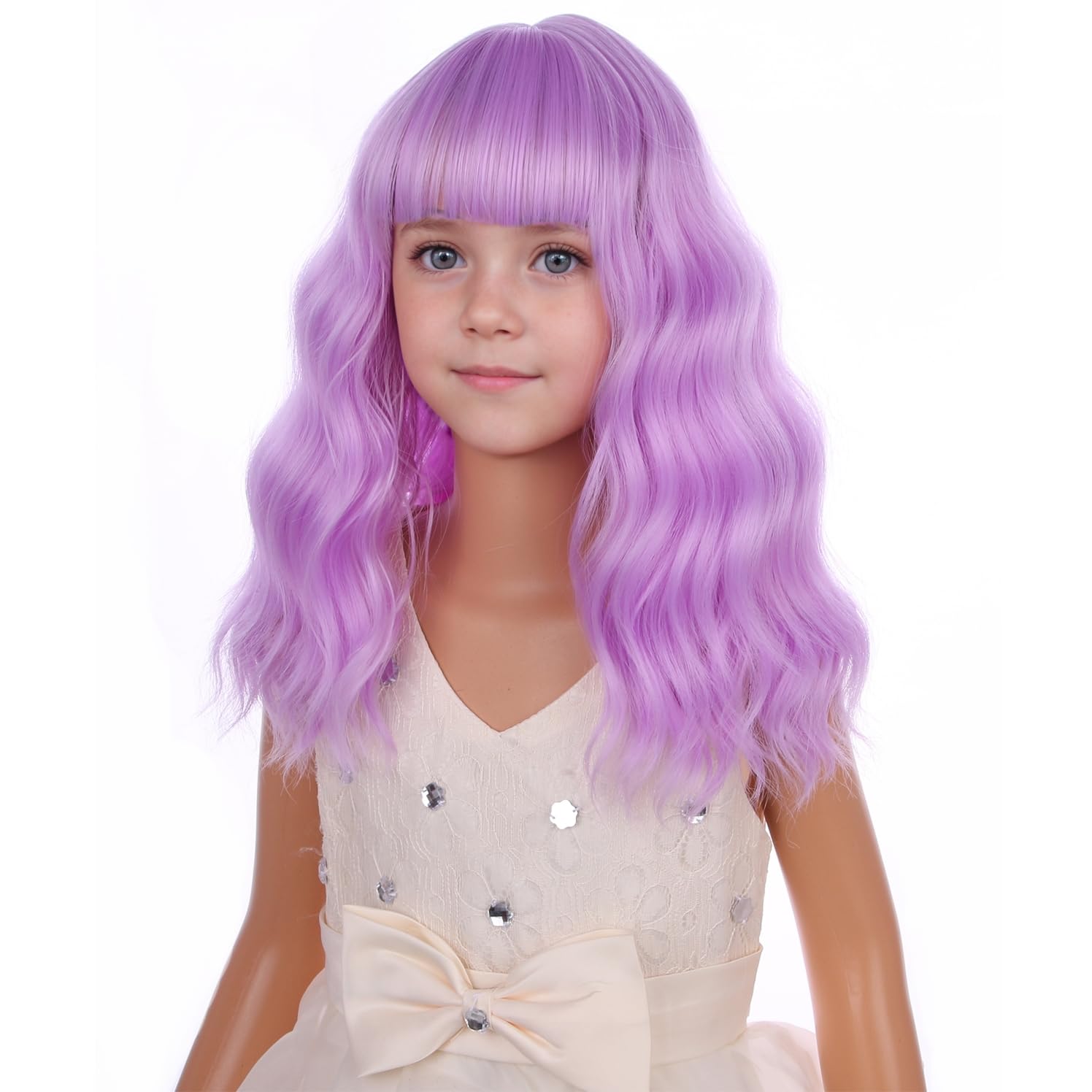  Kids Lavender Purple Wig Girls Purple Bob Wig with Bangs Short Colored Curly Wavy Synthetic Wigs for Children thumbnail