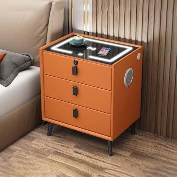 Nightstand with Charging Station and 2 USB Ports, Wood LED Smart Bedside Table with 2/3 Drawers, Bluetooth Speaker & Fingerprint Lock,Modern End Table for Living Room, Bedroom,Orange,3 drawer