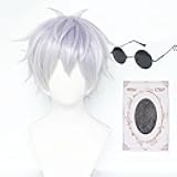 Gojo Cosplay Wig with Black Glasses,White Short Anime Wig Silver Costume Party Hair with Cap for Cosplay Show,Halloween